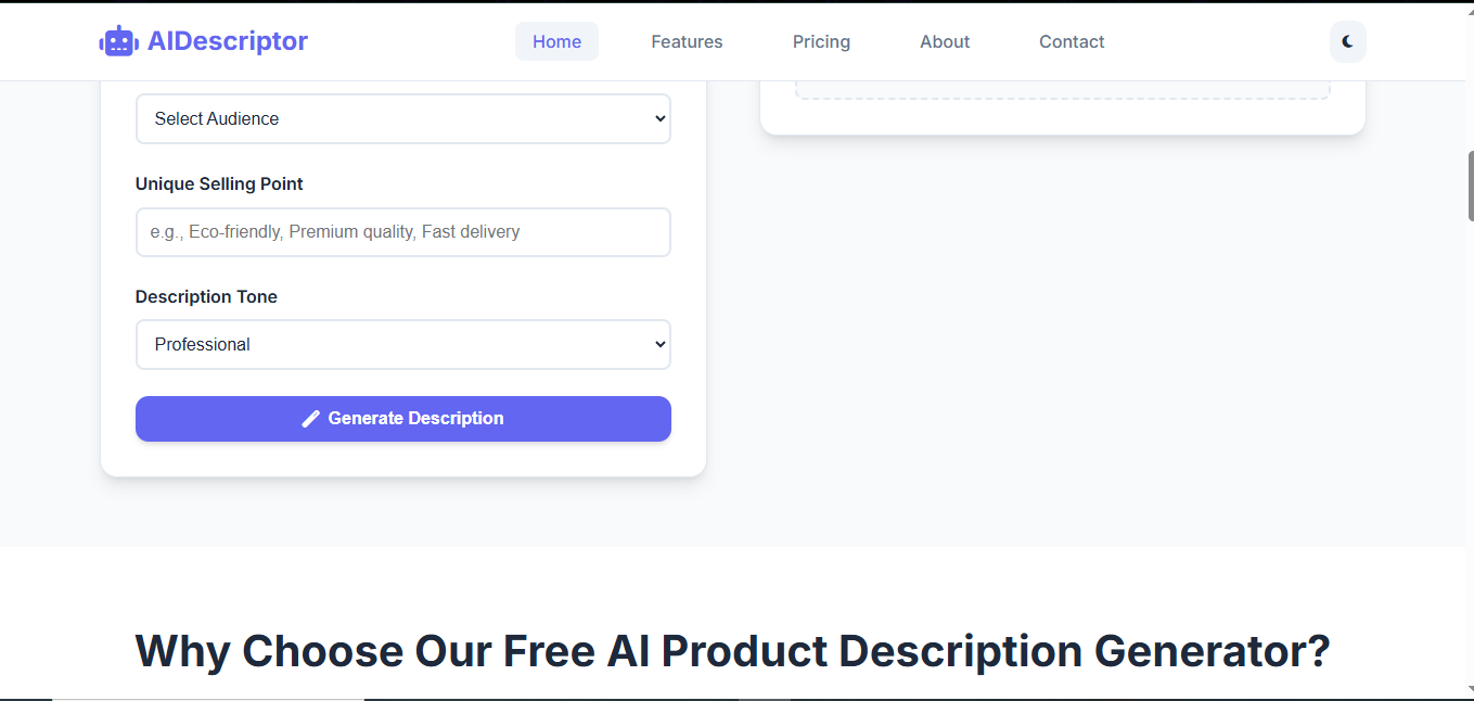 AI Product Description Writer Interface